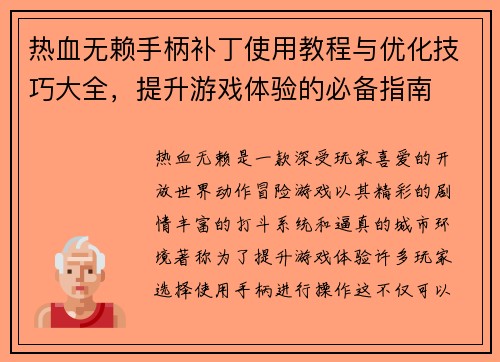 热血无赖手柄补丁使用教程与优化技巧大全,提升游戏体验的必备指南 热血无赖手柄补丁使用教程与优化技巧大全,提升游戏体验的必备指南